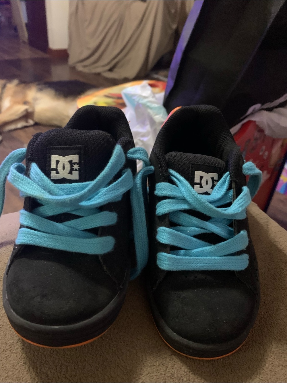 DC Kids Black Sneakers with Aqua Laces